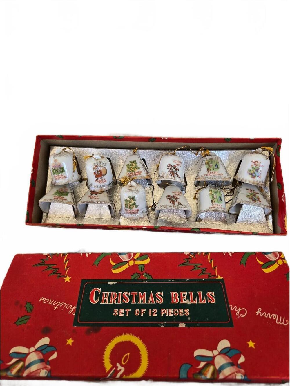 Made in Japan ceramic Christmas Bells, full set, original box, ornaments, 1950s